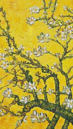 a painting of a tree with white flowers on it's branches in front of a yellow background