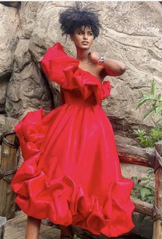 Red ruffle assymetrical couture evening dress | NOT JUST A LABEL Couture Evening Dress, Ankara Dresses, Long Red Dress, African Print Fashion, Ruffle Dress, Dress Patterns, Pretty Dresses, Classy Outfits, Fashion Prints