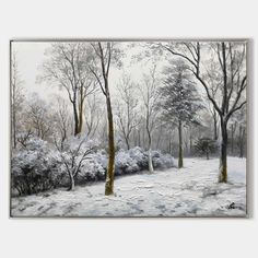 a painting of snow covered trees and bushes in a park with no leaves on the ground