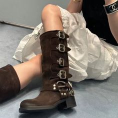 Genuine Leather Cow Suede Buckles Riding Boots 2024 Brand Designer Street Flock Knee High Brown Biker Boots, Black Biker Boots, High Heel Boots Knee, Womens Chunky Heels, Pu Heels, High Quality Shoes, Round Toe Heels, Biker Boots, Motorcycle Boots