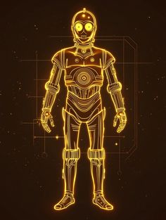 a stylized image of a robot standing in front of a black background with yellow lines