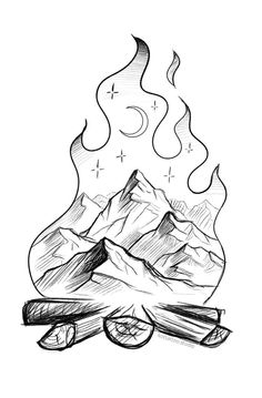 a drawing of a campfire with mountains in the background