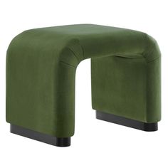 a green chair with black legs and footrests on the back, in front of a white background