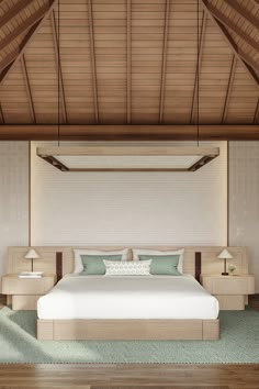 a large bed sitting under a wooden ceiling next to two lamps on either side of it