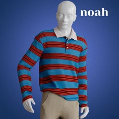 a male mannequin wearing a blue and red striped shirt with the word noah on it