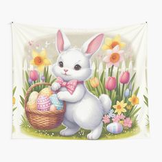 a white bunny holding an easter basket in front of flowers and daffodils