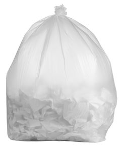 a white trash bag full of garbage on a white back dropping background with clipping for text