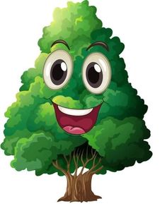 a green tree with eyes and a frown on it's face, in front of a white background