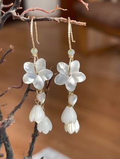 "Hawaiian Plumeria Pikake Mother of Pearl 14K Gold Filled or Silver Earrings Happy Spring Cherry Blossom time! In Hawaii we have the White Plumeria Pikake's that are so Kawaii (cute)! These Natural White Mother of Pearl Plumeria and Pikake earrings and are high quality and highly light reflective when you move it around. Material: Mother of Pearl Plumeria, Pikake, and 1 Tiny heart. 14K Gold Filled sparkle wire handmade ear hook with mini hoop & small cable chain. Also available in 925 Sterling S Whimsical White Flower Shaped Earrings, Whimsical White Flower-shaped Earrings, Whimsical White Flower Earrings, Charming White Dangle Jewelry, Whimsical Gold Flower-shaped Earrings, Hawaiian Earrings, White Plumeria, So Kawaii, Hawaiian Plumeria