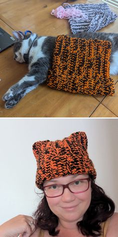 a woman is laying on the floor next to a cat hat and scarf that has been knitted