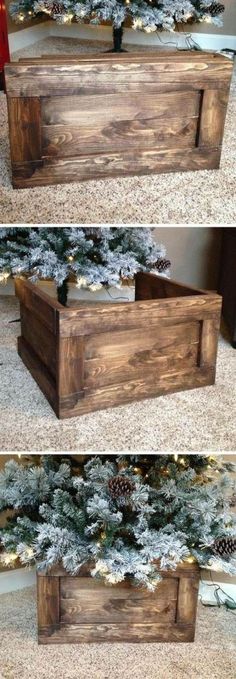 three different pictures of a wooden box with pine cones on the top and bottom, in front of a christmas tree