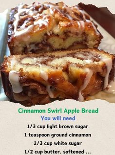 the cinnamon swirl apple bread is cut in half