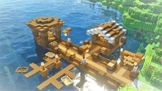 Minecraft Sea House Ideas, Harbour Minecraft Ideas, Raft House Minecraft, Minecraft Pier Design, Boathouse Minecraft, Boat Dock Ideas Minecraft, Minecraft Harbour Ideas, Harbour Minecraft, Minecraft Boat House Ideas