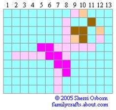 a cross stitch pattern with pink squares and brown squares on the bottom, in different colors