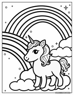 a coloring page with a unicorn and rainbow in the background