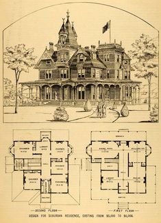 an old house with two floors and three stories, in the middle of it are plans for