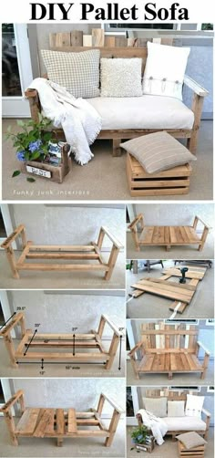 the diy pallet couch is made out of wood and has pillows on it