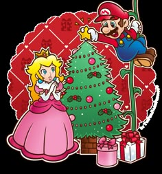 an image of mario and princess peach next to a christmas tree with bows on it