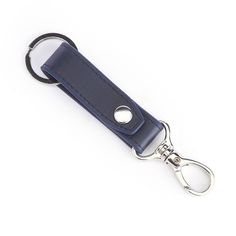 a blue leather keychain with a metal hook