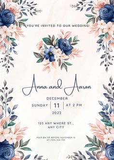 an elegant floral wedding card with blue and pink flowers on the front, in watercolor