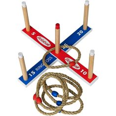 three ropes, one with two rings and the other tied up to each other on white background