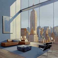 a painting of a living room with a view of the empire building in new york city