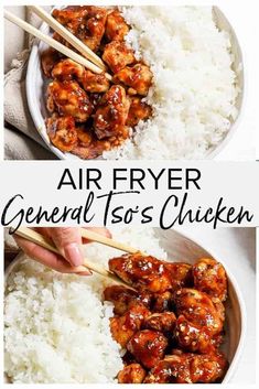 two pictures of chicken and rice with the words air fryer general tso's chicken