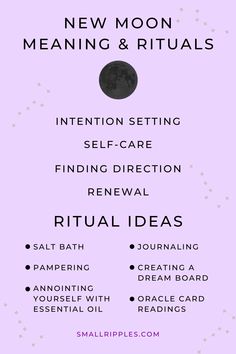 Purple infographic with new moon meanings and rituals ideas. New moon meaning: intention setting, self-care, finding direction, renewal New Moon Ritual Ideas, New Moon Activities, Moon Phase Meanings, Moon Ritual Ideas, New Moon Intentions, Ritual Ideas