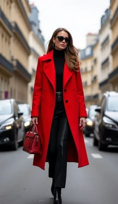 A stylish fall outfit featuring a statement red coat, perfect for making a bold and beautiful statement this season. Red Wrap Coat Outfit, Red Jacket Fall Outfit, Red Autumn Outfits, Red Peacoat Outfit, Red Coat Outfit Winter Classy, Red Fall Outfits, Wrap Coat Outfit