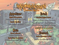 A themed movie menu based around the movie Halloweentown consisting of two appetizers, a main dish and side dish, a drink, and a dessert. Halloweentown Movie, Movie Meals, Family Movie Night Snacks, Halloween Town Movie, Movie Recipes