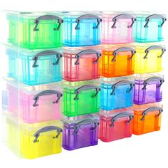 a stack of plastic storage containers with handles on each side and different colors in the middle