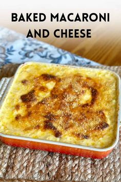 baked macaroni and cheese in a red casserole dish with text overlay