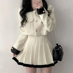 TOP: Shoulder:39cm Bust:102cm Length:40cm Sleeve:58cm BOTTOM: Waist:66cm Hip:84cm Length:40cm Notice 1. Because the measurement method may have an error of 1-3 cm 2. Because the screen resolution is different, there may be a little color difference High Waist Pleated Skirt, Womens Skirt Suits, Suit White, High Waisted Pleated Skirt, Long Sleeves Coats, Short Coat, Pleated Mini Skirt, Korean Outfits, Skirt Suit