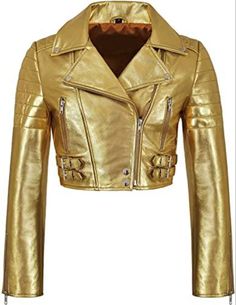 Bold golden biker jacket with a cropped fit and real leather construction, sleek, edgy motorcycle-inspired look. Free shipping on all leather studded jackets Premium Shiny Golden Leather: Crafted from top-quality real leather with a radiant golden finish, offering durability and a luxurious feel. Motorcycle Style: Features iconic elements like an asymmetrical front zipper, wide notched lapels, and shoulder epaulets for a classic biker look with a modern twist. Cropped Fit: Short, body-hugging de Lambskin Jacket, Studded Leather Jacket, Metallic Shorts, Mens Leather Pants, Real Leather Bags, Studded Jacket, Leather Apron, Cropped Leather Jacket, Leather Motorcycle Jacket