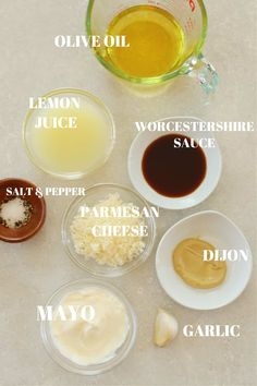 ingredients to make homemade mayonnaise recipe displayed in bowls on white counter top with text overlay