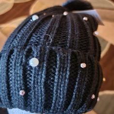 This Beautiful Pearl Knit Beanie Stocking Cap Is One Size Fits Most Cuff Up W Fur Inside Black Winter Beanie One Size, Black Beanie, One Size Fits Most, Black Beanie One Size Fits Most, One Size Black Hat For Fall, Black One Size Beanie, Black Soft Knit Hats, Fitted Warm Black Beanie, Black Knit Hat One Size, Fitted Black Knitted Beanie