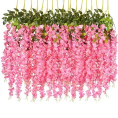 pink flowers are hanging from the ceiling