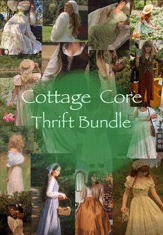 the cottage core thrift bundle includes dresses, bonnets, and other clothing items