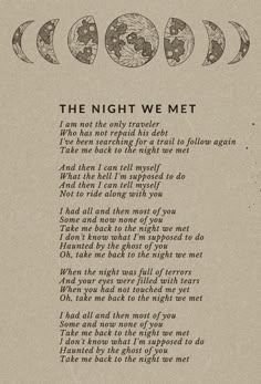 the night we met poem written in black and white with an image of moon phases