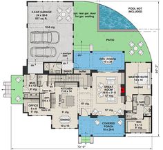 the floor plan for a house with pool and hot tubs in front of it