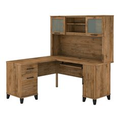 an office desk with two drawers and a hutch