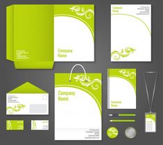 stationery set with business cards and envelopes in lime green color on grey background