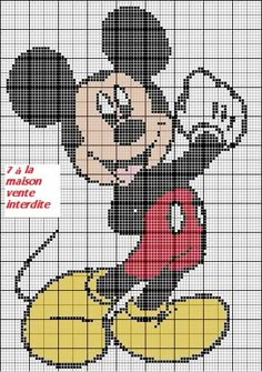 a cross stitch pattern with a mickey mouse holding a red object in it's right hand