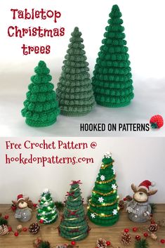 crochet christmas trees are shown in three different styles and sizes, with text overlay that reads free crochet pattern for tabletop christmas trees