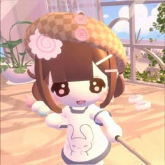 an animal crossing character with a hat on her head, holding a cane in front of a window