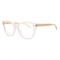 Step out in style with these stunning Gucci GG0566ON 004 Pink eyeglasses from OSSA FRAMES. The elegant square frames are the perfect accessory for any fashion-forward woman looking to make a statement. The pink acetate frame is not only on-trend but also adds a touch of femininity to your look. The clear demo lenses create a sophisticated and modern feel, allowing you to showcase your style with ease. With a lens socket width of 52 and a bridge size of 18, these Gucci eyeglasses are both comfortable and stylish. The sleek design is complemented by the iconic GG0566ON model, adding a touch of luxury to your everyday ensemble. Designed for women who appreciate high-quality fashion, these Gucci eyeglasses are both practical and chic. The 140mm temple length ensures a perfect fit, while the RX Gucci Square Frame Glass Sunglasses, Luxury Clear Gucci Sunglasses, Luxury Clear Square Frame Sunglasses, Gucci Clear Square Frame Sunglasses, Gucci Clear Glass Sunglasses, Gucci Clear Sunglasses, Pink Eyeglasses, Gucci Eyeglasses, Square Eyeglasses