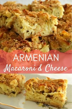 some type of food on a plate with the words, armenian macaroni and cheese