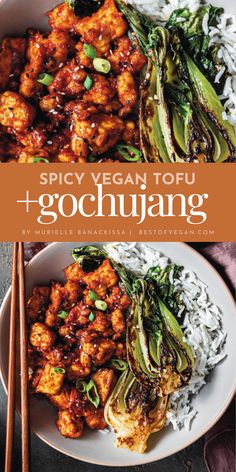 the cover of spicy vegan tofu and gochuang with chopsticks