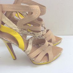 Snake Skin Print Leather Lining Some Sign Of Wear Never Worn Yellow Sandals With 4-inch Heel For Summer, Yellow Pointed Toe Sandals For Summer, Chic Yellow Pointed Toe Sandals, Chic Yellow Sandals With Padded Heel, Yellow Pointed Toe Sandals For Spring, Trendy Yellow Heels With Heel Strap, Spring Yellow Heels With 4-inch Heel, Yellow Heels With 4-inch Heel For Spring, Spring Yellow Pointed Toe Sandals