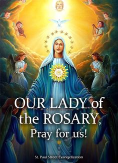 our lady of the rosary, pray for us with angels and sun above her head